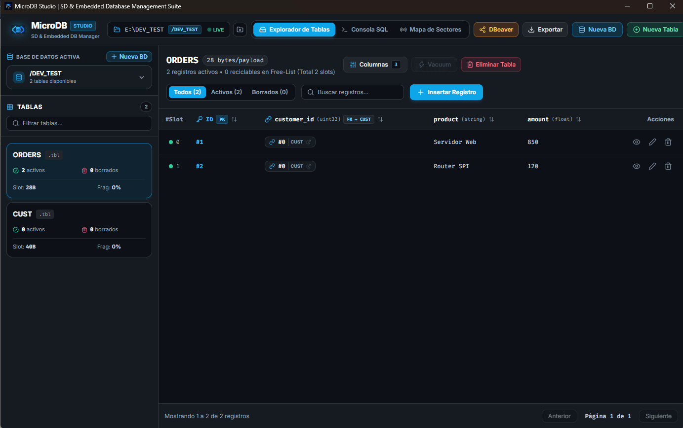 MicroDB Studio mostrando la tabla ORDERS con sus registros